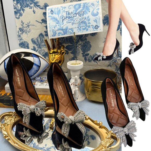 🆕 KURT GEIGER LONDON 🧿 NWOB Belgravia Bow Court Heel, Black Velvet Sz38.5 US 8 - Picture 1 of 16